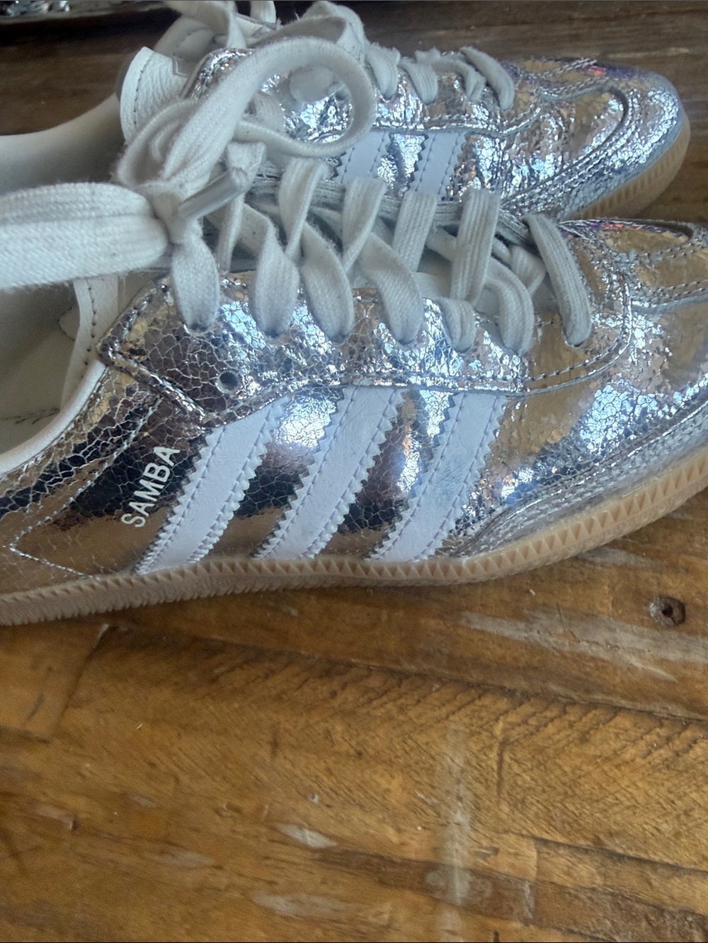 adidas Samba Metallic Silver with White Stripes and Gum Sole - Picture 5 of 6
